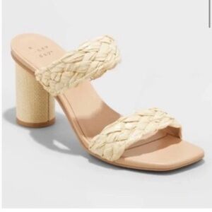 A New Day Raffia Basil Mule Heels Sandals Size 8.5 Tan/Neutral Braided Straps